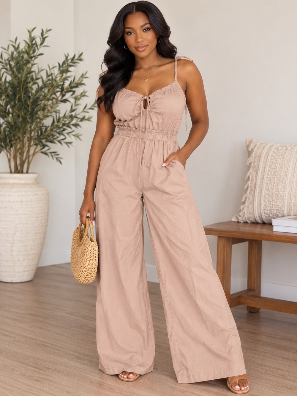 Forever 21+ wide leg jumpsuit in a versatile beige/taupe neutral color, size 0X